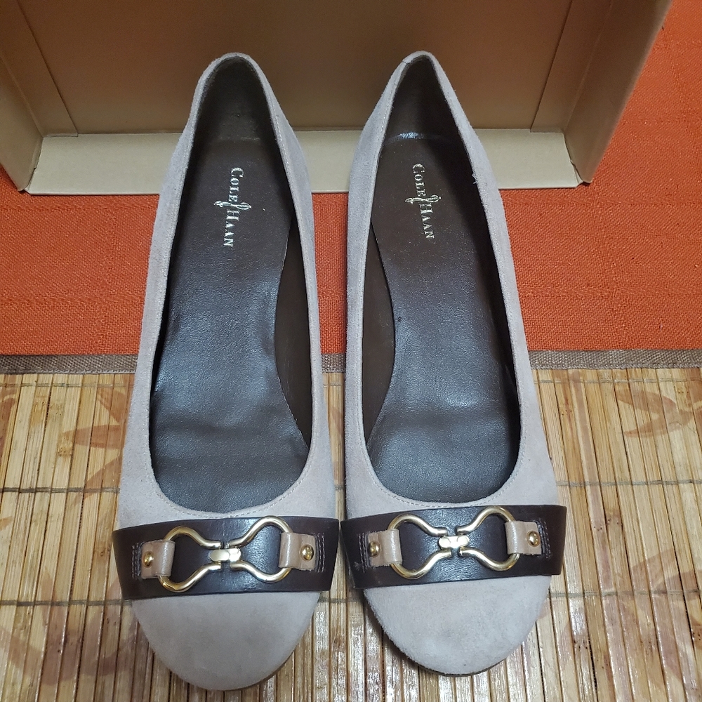 Cole Haan Taupe Suede Flats with Dark Brown Strap and Gold Hardware